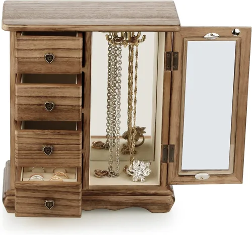 Miniatura 3 de RR ROUND RICH DESIGN Joyero de madera maciza para maquillaje y organizador de anillos para mujer, con 4 cajones integrados, carrusel de collar