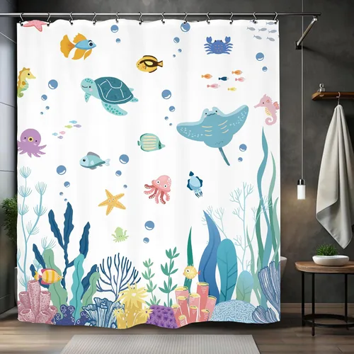 Miniatura 5 de Cortina de ducha para niños, 60 pulgadas de ancho x 72 pulgadas de largo, linda tortuga corales submarinos para niños y niñas, peces marinos, juego