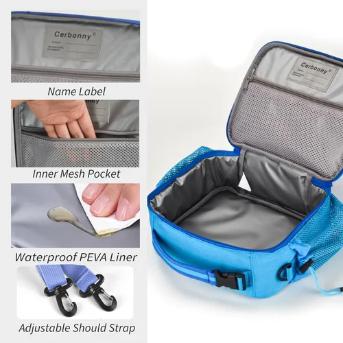 Miniatura 4 de Cerbonny Lonchera infantil para niñas y niños, bolsa de almuerzo aislada con soporte doble para botellas y forro congelable (azul)