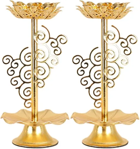 FOMIYES Decoración dorada 2 unids Lotus Tealight Candelabro Diwali Votivo Portavelas Religioso Lotus Flor Forma Té Luz Soporte Decorativo Candelabro