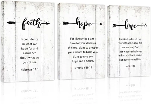 YPY Faith Hope Love - Arte de pared con cita inspiradora de las Escrituras, letrero religioso para dormitorio y hogar, 3 piezas de lienzo con