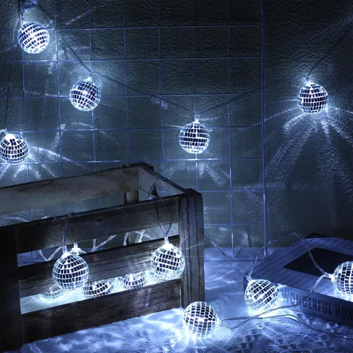 Miniatura 7 de Guirnalda de 40 luces LED de bola de discoteca de los años 70, decoración de 9.8 pies, luz de discoteca, funciona con pilas, adornos de bola