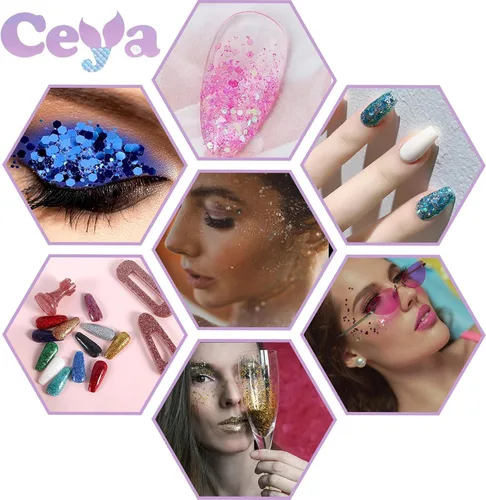 Miniatura 6 de Ceya Juego de purpurina gruesa de 32 colores, 11.28 onzas/11.29 oz de purpurina para manualidades en polvo mezclado con copos gruesos y finos cada