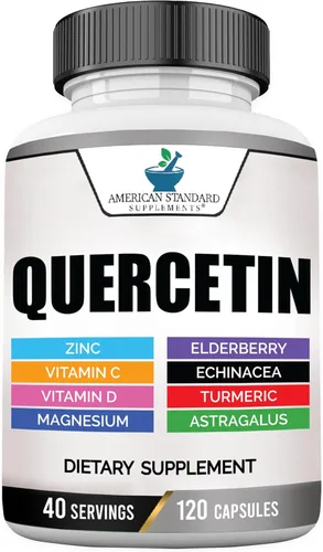 American Standard Supplements Quercetina 1000 mg por porción con zinc, vitamina C, vitamina D3, magnesio, saúco, equinácea, cúrcuma, astrágalo, sin