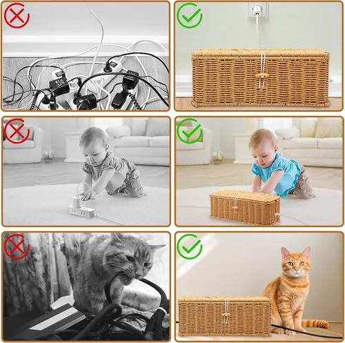 Miniatura 7 de Caja de gestión de cables, organizador de cables de cordón de ratán de imitación hecho a mano, caja ocultadora de cables con ranuras abiertas, cesta