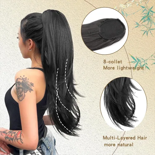 Miniatura 9 de Extensión de cola de caballo de cabello lacio, mezcla de extensiones de cola de caballo con cordón, rubias para mujer, múltiples capas, sintético
