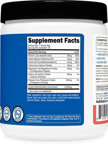 Miniatura 5 de Nutricost Monohidrato de creatina + hidratación con sabor a sandía (30 porciones) – 7 vitaminas y minerales, 5000 mg de creatina por porción