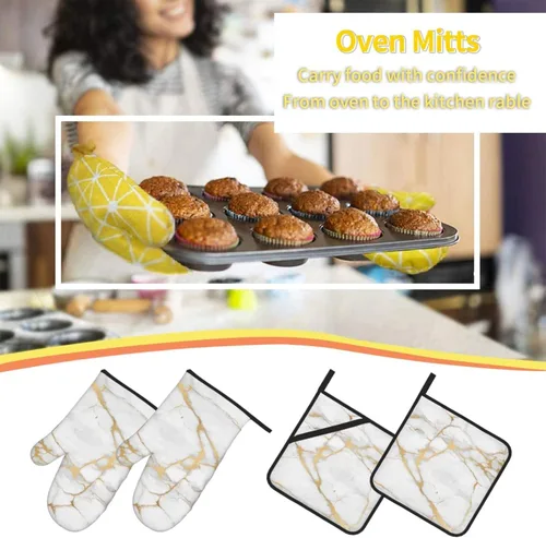 Miniatura 6 de Manoplas de horno y soportes para ollas, arte de mármol blanco y dorado, juego de 4 guantes de cocina resistentes al calor, antideslizantes