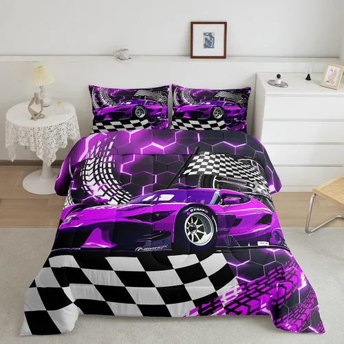 Miniatura 19 de Erosebridal Juego de edredón individual de motocicleta de carreras para niños, juego de ropa de cama de panal con luces de neón azules, motocross