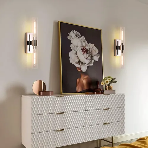 Miniatura 6 de Accesorios de iluminación de tocador de baño, juego de 2 apliques de pared de tubo de vidrio, base de color níquel, luces de pared para baño