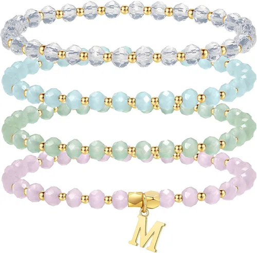 Miniatura 17 de IEFWELL Pulseras con iniciales para niñas y niños – Juego de 4 pulseras de cristal rosa/azul/blanco/verde, pulsera elástica para niños, joyería