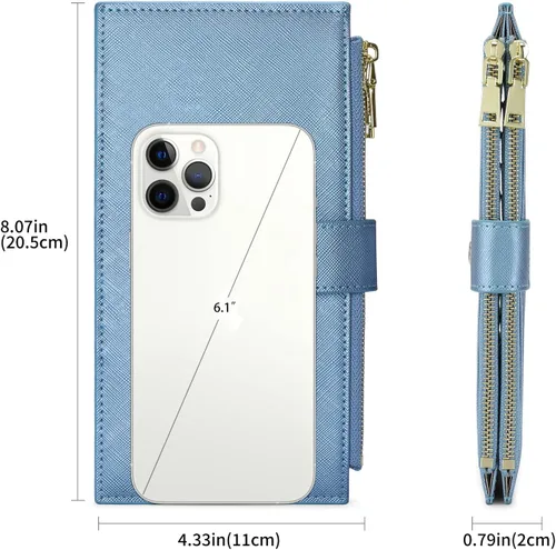 Miniatura 5 de GOIACII Cartera para mujer con bloqueo RFID plegable para tarjetas de crédito con 2 bolsillos con cremallera, B18 Azul perlado, Classic