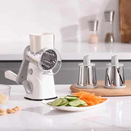 Miniatura 9 de Rallador Giratorio de Queso con Manivela Manual, Mandolina de Cocina Rallador de Verduras y Queso con 3 Cuchillas Intercambiables, Rallador