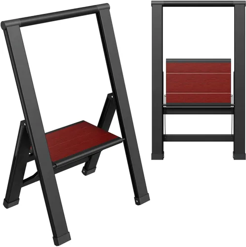 Escalera plegable de 1 escalón, decorativa, hermosa caoba y aluminio negro, perfil ultra delgado, peldaños antideslizantes, resistente y portátil