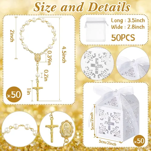 Miniatura 2 de Juego de 50 paquetes de recuerdos de bautismo, cuentas de rosario de bautismo acrílicas, perlas falsas con bolsas de organza, recuerdo de boda