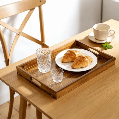 Miniatura 8 de YOUEON Paquete de 2 bandejas de madera de acacia de 17 x 12 pulgadas con asas, bandeja grande de madera para otomana, desayuno en la cama, cena