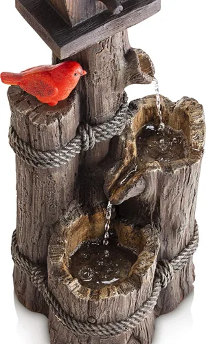 Miniatura 11 de Alpine Corporation Fuente de Agua para Pajareras de 3 Niveles de 35 Pulgadas de Alto para Exteriores con Acento de Cardenal, Decoración Rústica