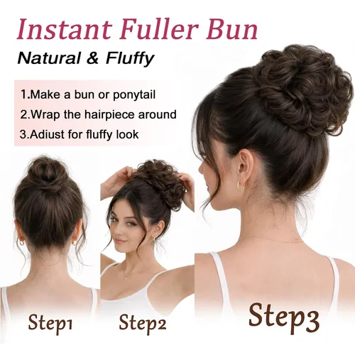 Miniatura 4 de MORICA - Extensión de cabello sintético en forma de moño ondulado, recogido y alborotado con liga para mujeres, 1 unidad (1-6#, castaño oscuro)