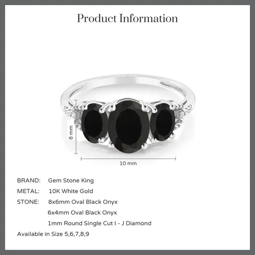 Miniatura 4 de Gem Stone King Anillo de compromiso de oro blanco de 10 quilates de 2.08 quilates, ónix negro y diamante con detalle de 3 piedras, ovalado, de 0.315