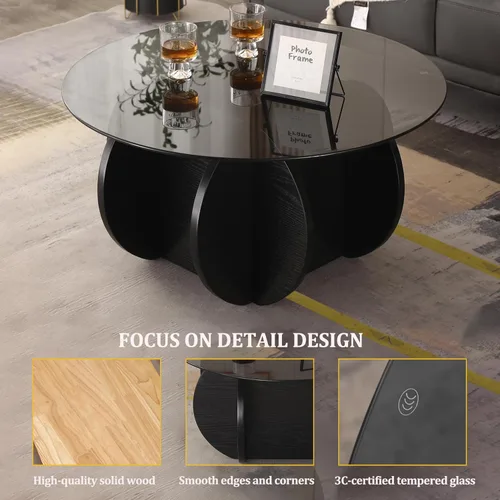 Miniatura 5 de Mesa de centro negra, mesa de centro redonda de vidrio de 31.5 pulgadas para sala de estar, mesa de centro moderna de mediados de siglo, mesa