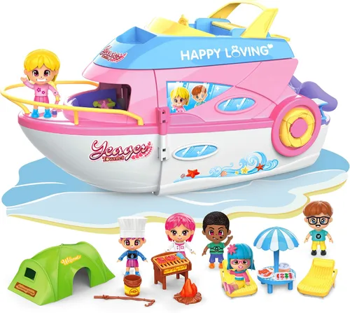 iPlay, iLearn Juego de casa de muñecas para niñas de 3 a 4 años, juego de juguetes de barco con muñecas pequeñas de crucero, casa de juegos de