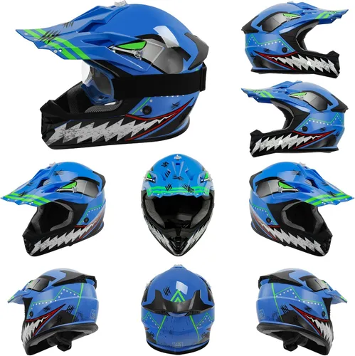 Miniatura 3 de TCMT Azul Niños Motocross ATV Dirtbike BMX Offroad Cara Completa Juventud Casco Guantes Gafas Aprobado Punto