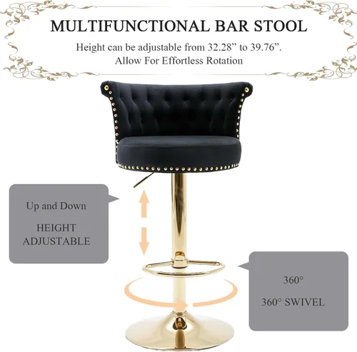 Miniatura 3 de Juego de 2 taburetes de bar giratorios de terciopelo, taburete de bar ajustable con altura de mostrador con botón copetudo y ribete de cabeza
