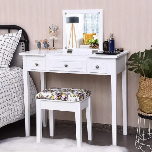 Miniatura 2 de CHARMAID Escritorio de tocador de maquillaje con espejo abatible superior, 3 cajones, 7 compartimentos de almacenamiento, escritorio blanco