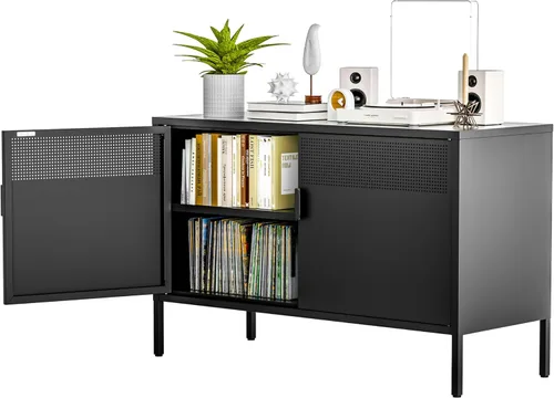 Ustamio Gabinete de Almacenamiento de Metal Ancho Negro con Casillero, Gabinete de Acento de 2 Puertas para Hogar y Oficina, Gabinete de Metal Bajo