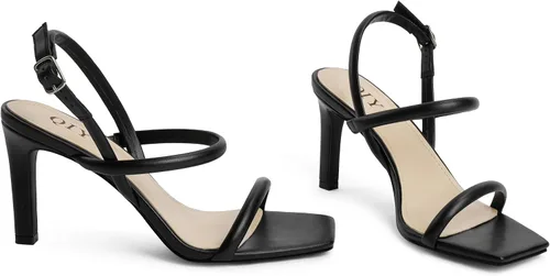 Miniatura 3 de QIY Sandalias de tiras para mujer, puntera abierta, correa de tobillo, sandalias de tacón alto con punta cuadrada para mujer