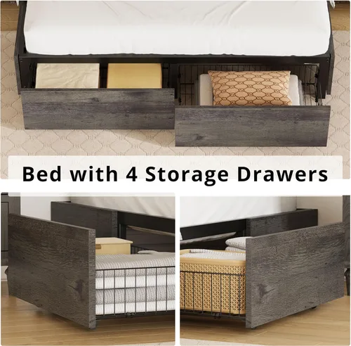Miniatura 3 de LIKIMIO - Base de cama Queen con almacenamiento, 4 cajones y estructuras de soporte de metal pesado y resistente, estable y sólida, libre de ruidos