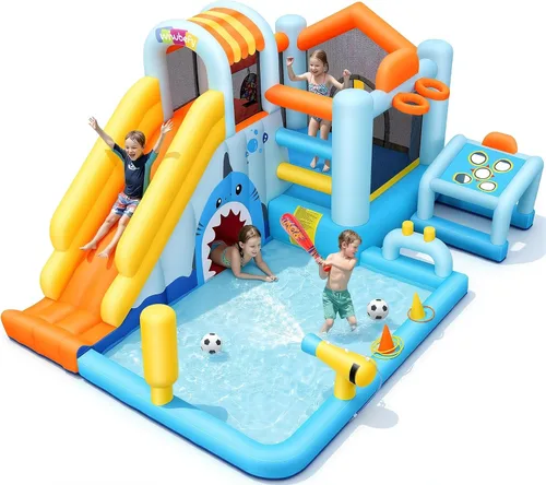 Toboganes acuáticos inflables 24 en 1 con diseño de cueva de tiburón de unicornio, casa de rebote para patio trasero de niños con soplador, piscina