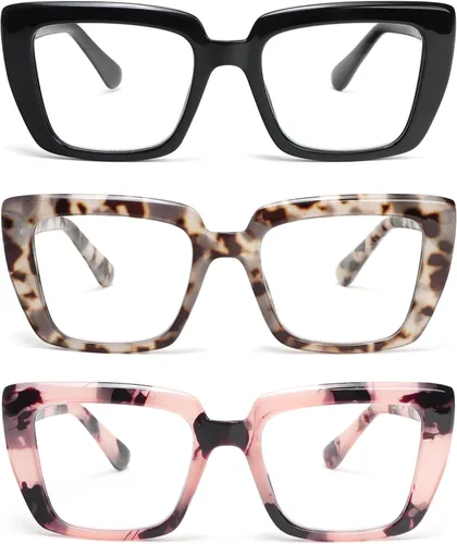 REAVEE Paquete de 3 elegantes lentes de lectura para mujer, con bloqueo de luz azul, marco de gran tamaño con bisagra de resorte, lente transparente