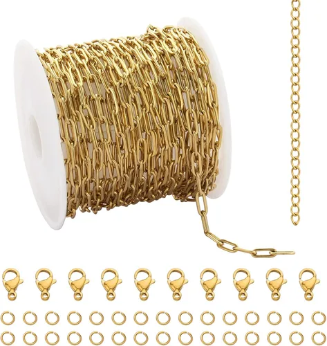Miniatura 16 de UMAOKANG Cadenas de collar chapadas en oro para hacer joyas, cadena de clip de acero inoxidable 304 a granel con cierres de langosta y anillos Rolo