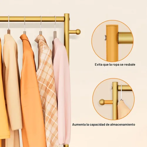 Miniatura 6 de MISSLO Percheros pequeños para colgar ropa con ruedas, perchero de ropa de 60 pulgadas con estantes, estante portátil con ruedas para armarios Dorado