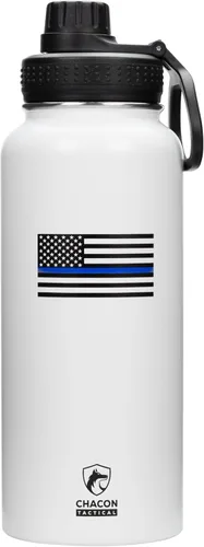Miniatura 11 de Botella de agua aislada, negro, acero inoxidable, 32 onzas, diseño de bandera estadounidense de línea azul fina, boca ancha