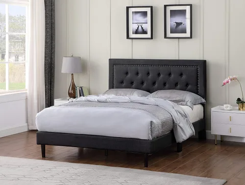 Miniatura 8 de Base de cama de plataforma tapizada tamaño matrimonial con cabecero ajustable de 48 pulgadas de alto, cama de terciopelo de lino con botones