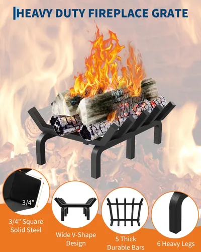 Miniatura 3 de GarveeTech Rejilla para chimenea de 17 pulgadas, rejilla de troncos de acero sólido de 3/4 pulgadas con 6 patas de soporte, 5 barras