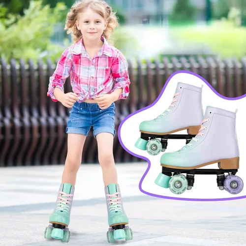 Miniatura 8 de Patines de ruedas para niñas y mujeres, de piel sintética, color verde degradado, morado, con ruedas flash, patines para interiores y exteriores
