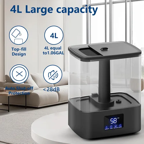 Miniatura 2 de KZF Humidificadores de llenado superior de 4 L para dormitorio y tiempo de funcionamiento de 60 horas, humidificador de niebla fría, 3 niveles