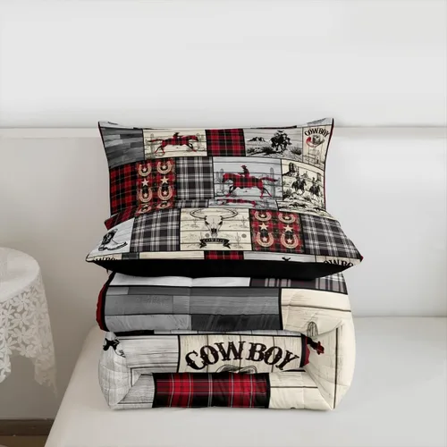 Miniatura 7 de Erosebridal Juego de edredón para niños y niñas, juego de ropa de cama con estampado de vaquero, diseño de granja, a cuadros, caballo y vaca
