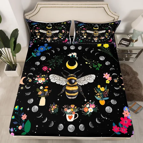 Miniatura 15 de Erosebridal Sábanas de cama de polilla de la muerte, sábana bajera ajustable de calavera gótica, tamaño individual, sábanas florales de flores