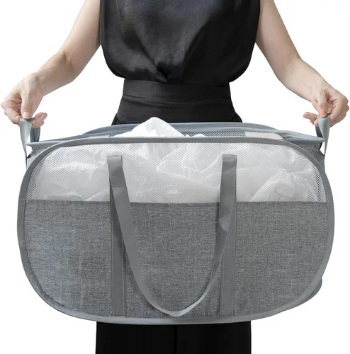 Cesta de lavandería desplegable, con asas duraderas, cesta de malla plegable, fácil de abrir y plegar, tela catiónica de alta calidad (gris Gris