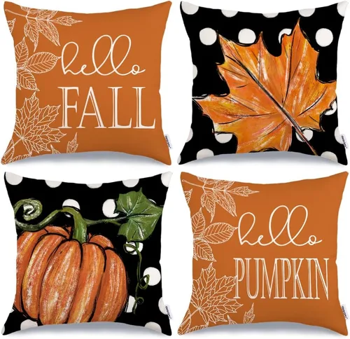 Miniatura 11 de GEEORY Juego de 4 fundas de almohada de otoño de 18 x 18 pulgadas, diseño de lunares, búfalo con nudo de lazo, calabazas, camiones, agradecimiento