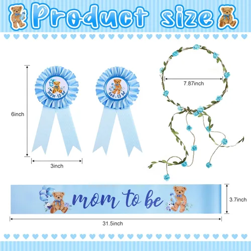 Miniatura 3 de Tiamon Banda temática de oso para baby shower, baby shower, diadema con corona de flores para revelaciones de género, fiesta de baby shower, Azul