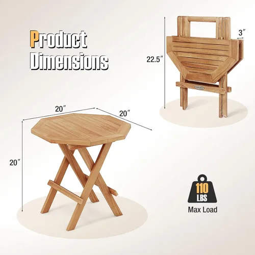 Miniatura 3 de RELAX4LIFE Mesa auxiliar plegable para exteriores, mesa auxiliar de madera de teca, mesa de café octogonal con mesa de listones, mesa de campamento