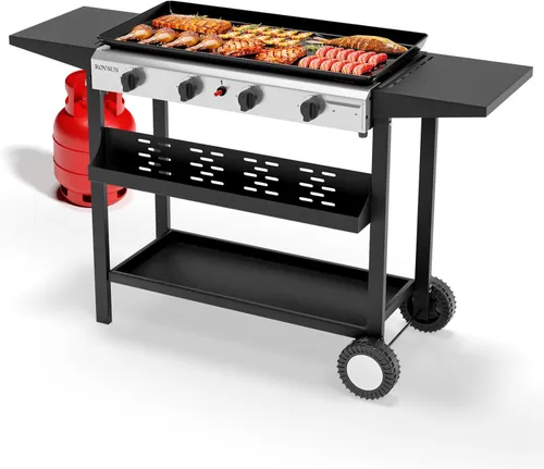 ROVSUN - Parrilla portátil de 4 quemadores de propano con bandeja esmaltada antiadherente, parrilla de gas de 40,000 BTU con encendido electrónico,