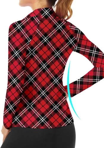 Miniatura 205 de WOWENY Camiseta deportiva de manga larga para mujer, con cremallera de un cuarto, cuello para entrenamiento, camiseta de tenis con estampado