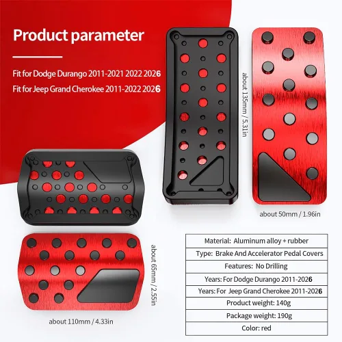 Miniatura 2 de Funda para pedal de coche para Jeep Grand Cherokee Dodge Durango 2011-2024 2025 Aleación de aluminio Sin perforación Fundas de pedal de freno y Rojo