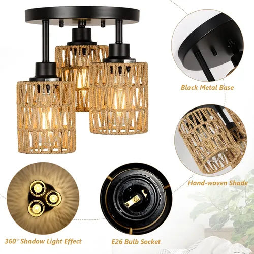 Miniatura 7 de Lámparas de Techo Bohemias de 3 Luces Montaje en Techo, Candelabro de Ratán Estilo Granja, Pantalla de Jaula Tejida a Mano Montaje Semi Empotrado
